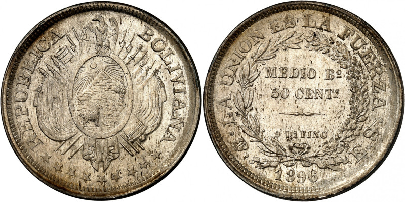 Republic of Bolivia.

50 Centavos (1/2 Boliviano) 1896 PTS ES, Potosi. Crossed f...