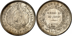 Republic of Bolivia.

50 Centavos (1/2 Boliviano) 1896 PTS ES, Potosi. Crossed flags and weapons behind condor-topped oval arms, stars below / Denomin...