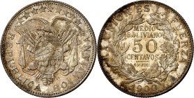 Republic of Bolivia.

50 Centavos (1/2 Boliviano) 1900 So, Santiago. Crossed flags and weapons behind condor-topped oval arms, stars above / Denominat...