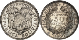 Republic of Bolivia.

50 Centavos (1/2 Boliviano) 1900, Santiago. PATTERN. Crossed flags and weapons behind condor-topped oval arms, stars above / Den...