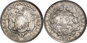 Republic of Bolivia.

50 Centavos (1/2 Boliviano) 1907 PTS MM, Potosi. Crossed flags and weapons behind condor-topped oval arms / Denomination within ...