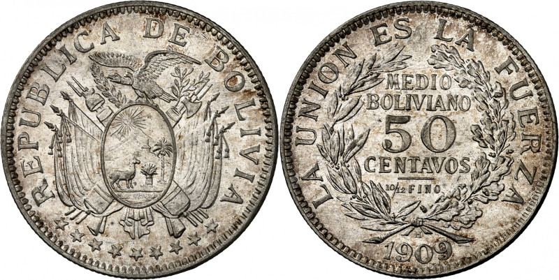 Republic of Bolivia.

50 Centavos (1/2 Boliviano) 1909 H, Heaton. Crossed flags ...