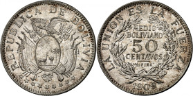 Republic of Bolivia.

50 Centavos (1/2 Boliviano) 1909 H, Heaton. Crossed flags and weapons behind condor-topped oval arms / Denomination within wreat...