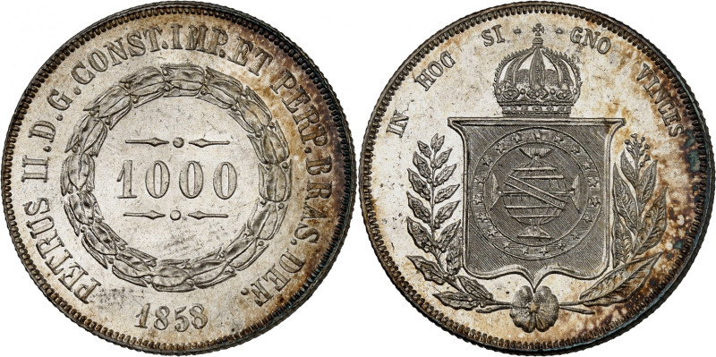 Empire of Brazil, Pedro II, 1831-1889.

1000 Reis 1858. Denomination within leaf...