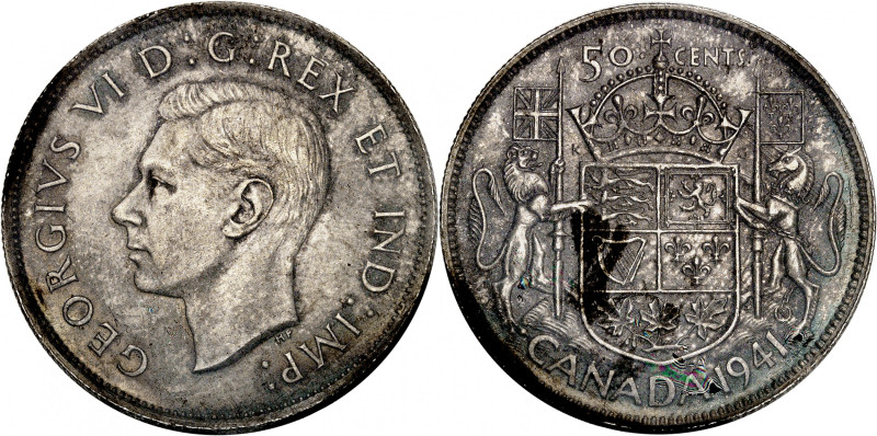 George VI, 1936-1952.

50 Cents 1941. Head left / Crowned arms with supporters...