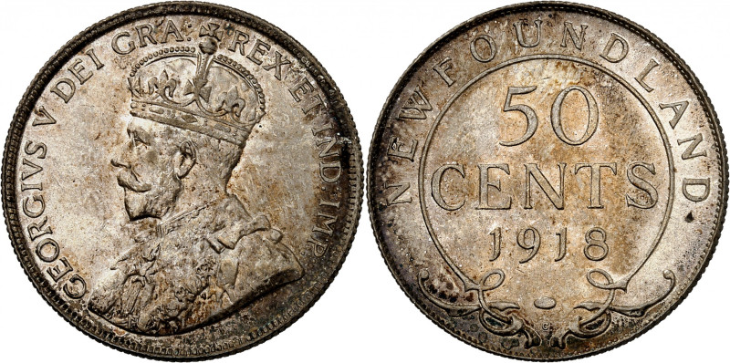 Newfoundland, George V, 1910-1936.

50 Cents 1918 C, Ottawa. Crowned bust left...