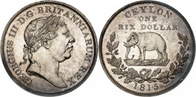 British Colony, George III, 1760-1820.

Rix Dollar 1815, London. SILVER PATTERN. Laureate head right / Elephant left within wreath, date below. 9,63...