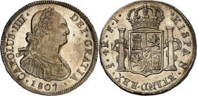 Charles IIII, 1788-1808.

4 Reales 1807 So FJ, Santiago. Laureate bust right, date below / Crowned arms between pillars. 13,64g. KM 60.

NGC UNC D...