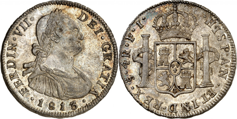 Ferdinand VII, 1808-1818.

4 Reales 1813 So FJ, Santiago. Laureate bust right,...