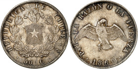 Republic of Chile.

50 Centavos 1860/59 So, Santiago. Arms within wreath, denomination below / Condor with wings spread above date. 12,44g. KM 128....