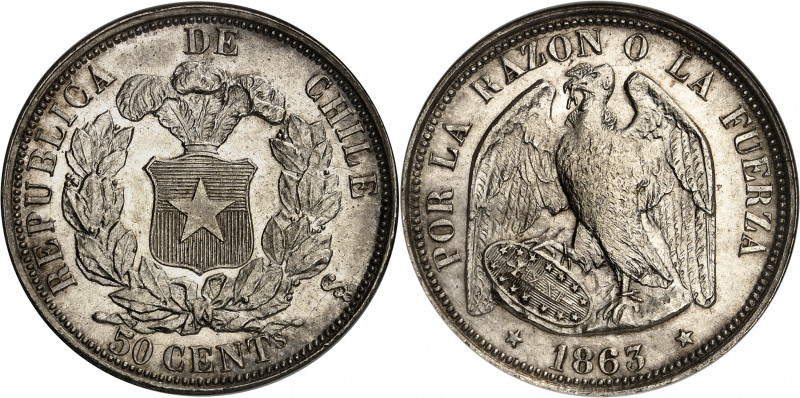 Republic of Chile.

50 Centavos 1863 So, Santiago. Arms within wreath (large),...
