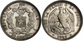 Republic of Chile.

50 Centavos 1863 So, Santiago. Arms within wreath (large), denomination below / Condor with wings spread and shield above date. ...