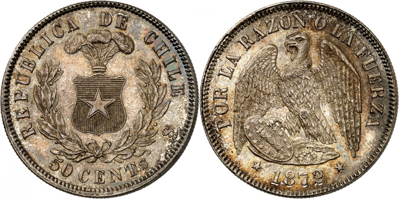 Republic of Chile.

50 Centavos 1872 So, Santiago. Arms within wreath (large),...