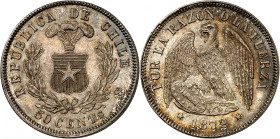 Republic of Chile.

50 Centavos 1872 So, Santiago. Arms within wreath (large), denomination below / Condor with wings spread and shield above date. ...