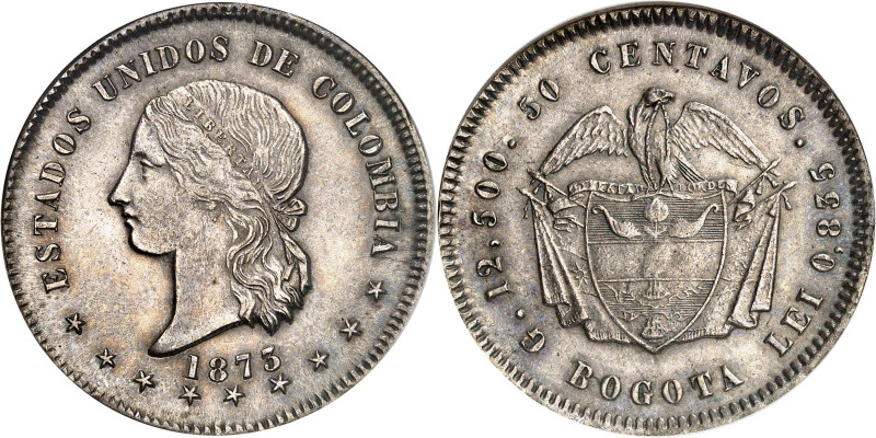 United States of Colombia.

50 Centavos 1873, Bogota. Liberty head left, date ...