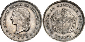 United States of Colombia.

50 Centavos 1873, Bogota. Liberty head left, date below / Condor with spread wings above flagged arms. 12,50g. KM 172.1....