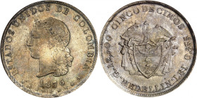 United States of Colombia.

5 Decimos (50 Centavos) 1876, Medellin. Liberty head left, date below / Condor with spread wings above flagged arms. 12,...