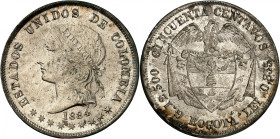 United States of Colombia.

50 Centavos 1884, Bogota. Liberty head left, date below / Condor with spread wings above flagged arms. 12,50g. KM 177.1....