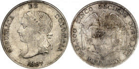 Republic of Colombia.

5 Decimos (50 Centavos) 1887, Medellin. Liberty head left, date below / Condor with spread wings above flagged arms. 12,00g. ...