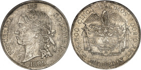 Republic of Colombia.

5 Decimos (50 Centavos) 1888, Medellin. Large Liberty head left, date below / Condor with spread wings above flagged arms. 12...