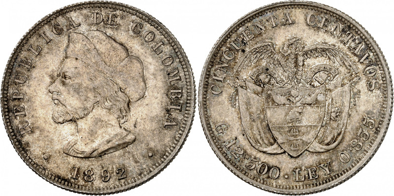 Republic of Colombia.

50 Centavos 1892. Columbus head left (tip of cap to lef...