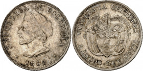 Republic of Colombia.

50 Centavos 1892. Columbus head left (tip of cap to left side of A), date below / Condor with spread wings above flagged arms...