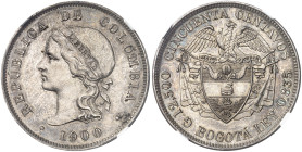 Republic of Colombia.

PROOF 50 Centavos 1900, Bogota. SILVER PATTERN. Liberty head left, date below / Condor with spread wings above flagged arms. ...