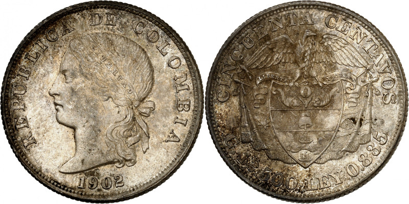Republic of Colombia.

50 Centavos 1902, Philadelphia. Liberty head left, date...