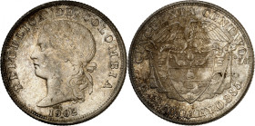 Republic of Colombia.

50 Centavos 1902, Philadelphia. Liberty head left, date below / Condor with spread wings above flagged arms. 12,52g. KM 192....