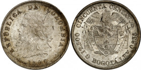 Republic of Colombia.

50 Centavos 1906, Bogota. Liberty head left, date below / Condor with spread wings above flagged arms. 12,52g. KM 186.2.

N...