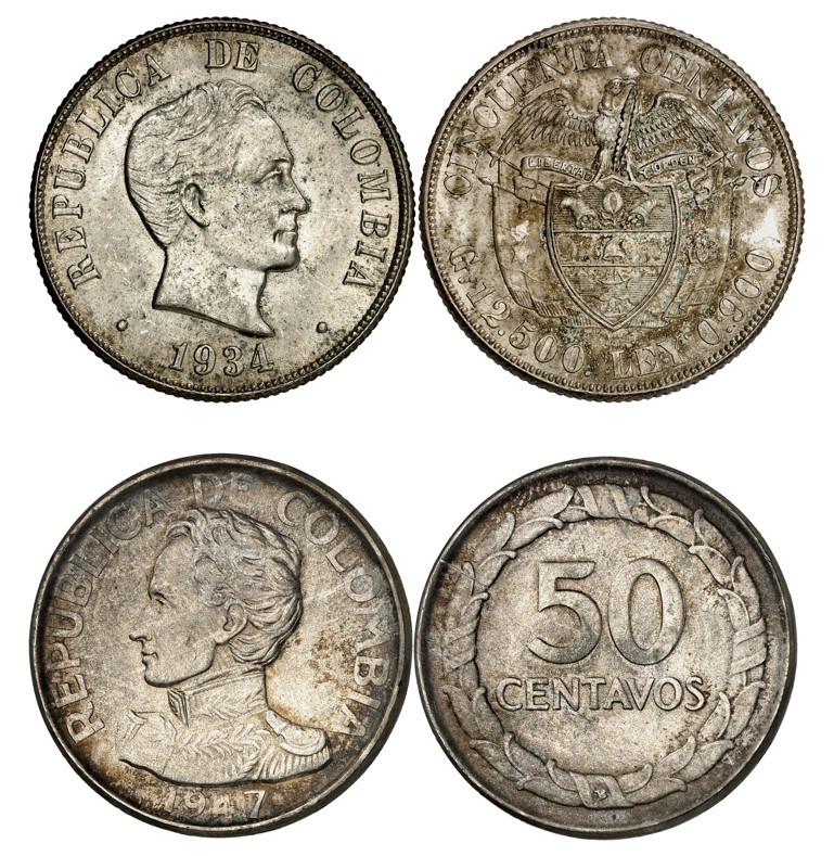 Republic of Colombia.

Lot of 2 coins : 50 Centavos 1934, San Francisco (MS63)...