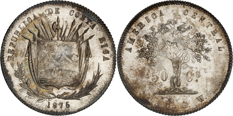 Republic of Costa Rica.

50 Centavos 1875 GW. Arms, date below / Tree and deno...