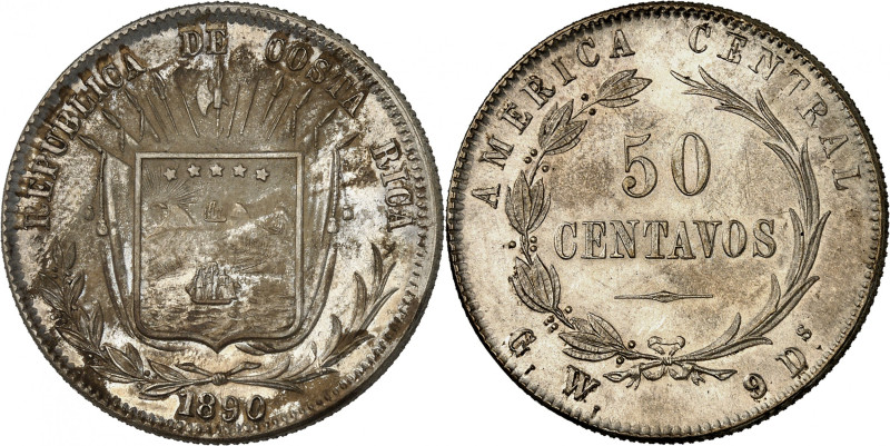Republic of Costa Rica.

50 Centavos 1890 GW. Arms, date below / Denomination ...