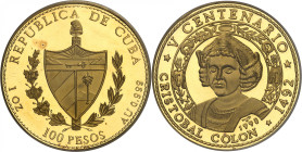 Republic of Cuba, 1959-.

100 Pesos 1990, Havana. PROOF. Commemorative issue for the 500th anniversary of Christopher Columbus' arrival in Cuba. Arm...