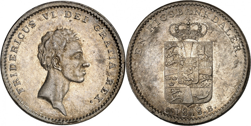 Frederik VI, 1808-1839.

Rigsbankdaler 1818 CB, Altona. Bust right / Crowned a...