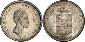 Frederik VI, 1808-1839.

Rigsbankdaler 1818 CB, Altona. Bust right / Crowned arms, denomination and date. 14,45g. KM 683.4.

NGC MS64 (Top pop). (...