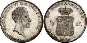 Frederik VI, 1808-1839.

Rigsbankdaler (1/2 Specialdaler) 1838 WS, Copenhagen. Bust right / Crowned arms, denomination and date. 14,44g. KM 706.3.
...