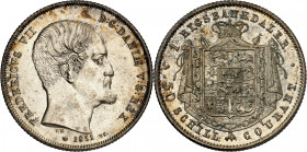 Frederik VII, 1848-1863.

Rigsbankdaler (30 Schilling) 1851 VS, Copenhagen. Head right, date below / Crowned arms and denomination. 14,46g. KM 743....