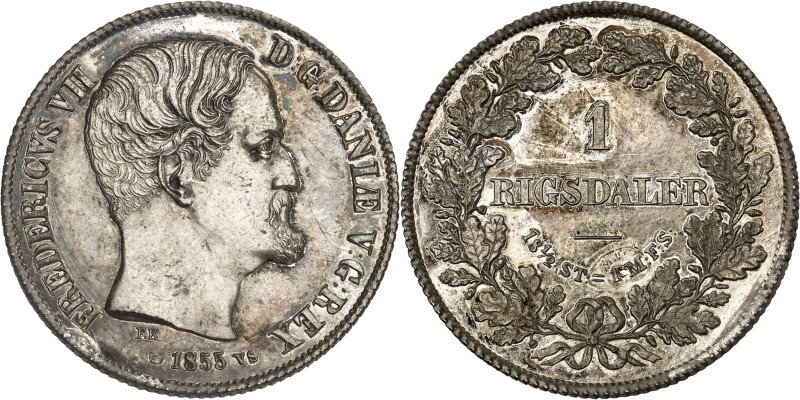 Frederik VII, 1848-1863.

Rigsdaler 1855 VS, Copenhagen. Head right, date belo...