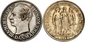 Danish West Indies, Frederik VIII, 1906-1912.

2 Francs or 40 Cents 1907, Copenhagen. Head left / Three figures standing, date below. 10,00g. KM 82....