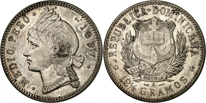1/2 Peso 1897 A, Paris. Liberty head left, denomination and date / Arms within w...