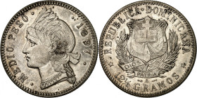 1/2 Peso 1897 A, Paris. Liberty head left, denomination and date / Arms within wreath. 12,50gr. KM 15.

NGC MS63. (2160364-046) Rare.