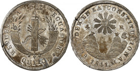 Republic of Ecuador.

4 Reales 1841 MV, Quito (silver 0.8924). Fasces within two cornucopiae / Sun with face above volcanic mountains, date and deno...