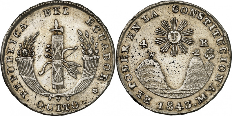 Republic of Ecuador.

4 Reales 1843 MV, Quito. Fasces within two cornucopiae /...