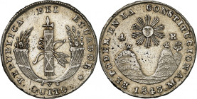 Republic of Ecuador.

4 Reales 1843 MV, Quito. Fasces within two cornucopiae / Sun with face above volcanic mountains, date and denomination. 14,03g...