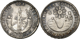 Republic of Ecuador.

4 Reales 1843 MV, Quito. Fasces within two cornucopiae / Sun with face above volcanic mountains, date and denomination. 12,36g...