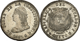 Republic of Ecuador.

4 Reales 1857 GJ, Quito. Liberty bust left, date below / Flag draped arms and denomination. 12,30g. KM 37.

NGC AU58. (21603...