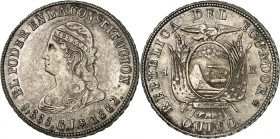 Republic of Ecuador.

4 Reales 1862 GJ, Quito. Liberty bust left, date below / Flag draped arms and denomination. 13,53g. KM 37a.

NGC AU Details ...