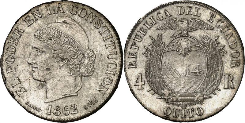 Republic of Ecuador.

4 Reales 1862. Liberty head left, date below / Flag drap...