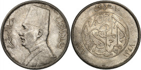 Kingdom of Egypt, Fuad I, AH1341-1355 (1922-1936).

10 Piastres AH1348-1929 BP, Budapest. Bust left / Denomination above center circle, dates below....